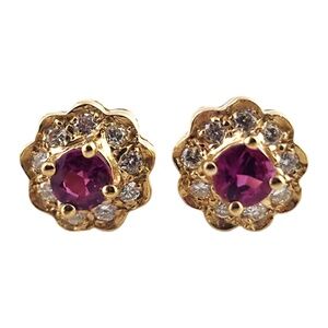 14 Karat Yellow Gold Diamond & Natural Pink Sapphire Halo Stud Earrings #19021
